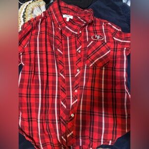 Women’s 49er Erin Andrew’s Red Plaid Button-Up Shirt